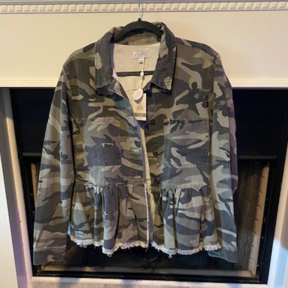 Mud Pie Banks Peplum Denim Jacket: Grey/Olive Green Camo Camouflage